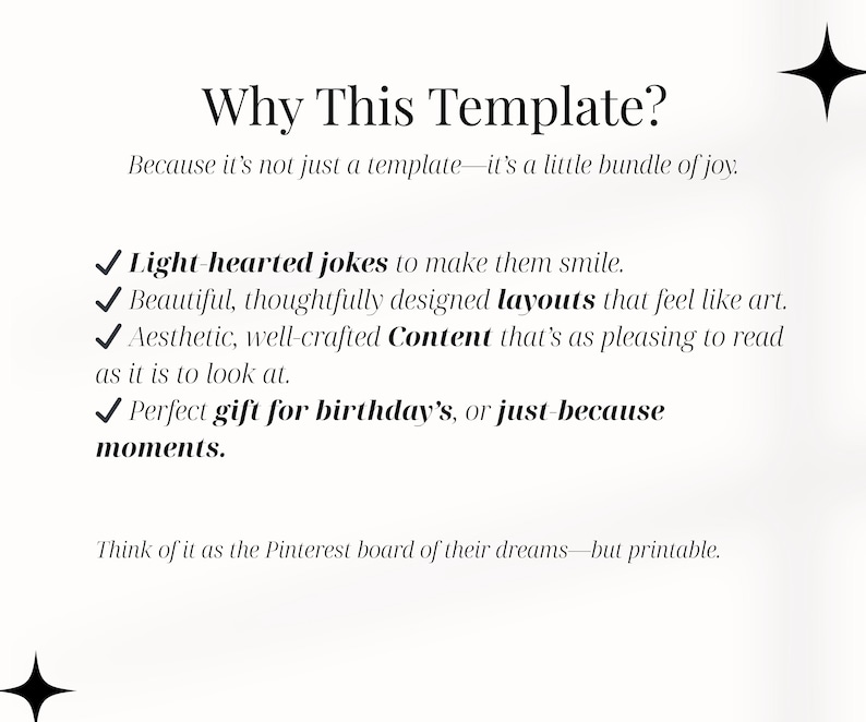 May include: A cream-colored graphic with the text "Why This Template?" and bullet points describing the template's features, including light-hearted jokes and beautiful layouts. The text also mentions it's a perfect gift.