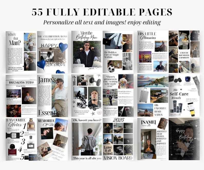 May include: A digital template with 55 fully editable pages. The pages feature various layouts with photos and text, including sections titled "Birthday Man," "His Little Pleasures," and "Vision Board." The template is designed for personalization.