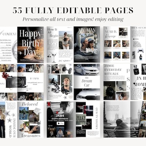 May include: A digital scrapbook template with 55 fully editable pages. The pages feature a variety of layouts with photos and text, including "Happy Birthday," "His Dream Car," and "Our TV Shows." The template allows users to personalize all text and images.