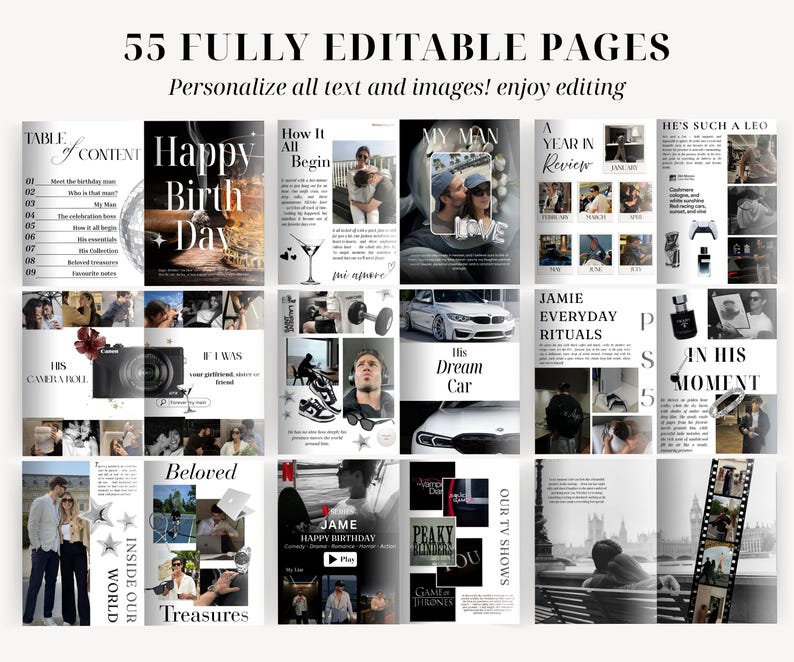 May include: A digital scrapbook template with 55 fully editable pages. The pages feature a variety of layouts with photos and text, including "Happy Birthday," "His Dream Car," and "Our TV Shows." The template allows users to personalize all text and images.