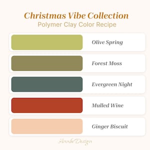 May include: A color palette graphic titled "Christmas Vibe Collection" with five color swatches. The colors are Olive Spring, Forest Moss, Evergreen Night, Mulled Wine, and Ginger Biscuit. The graphic is on a cream background.