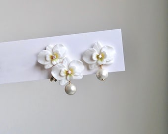 Handmade Orchid Earrings with Pearls – Polymer Clay Floral Dangle Earrings, Botanical Jewelry Gift for Her, Elegant Orchid Pearl Earrings