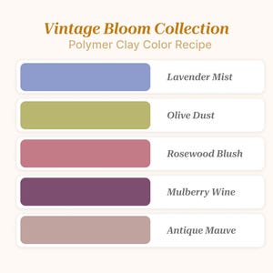 May include: A color palette graphic titled "Vintage Bloom Collection" with five rectangular color swatches. The colors are lavender, olive, rosewood, mulberry, and antique mauve. Each swatch has a corresponding color name.