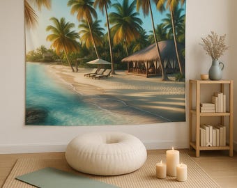 Tropical Beach Wall Tapestry – Ocean Sunset Decor, Palm Tree Wall Hanging, Coastal Wall Art for Living Room, Bedroom, Dorm Decor
