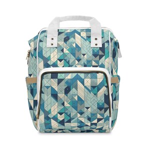 Geometrical Pattern Diaper Backpack, Turquoise White Baby Bag, Nursery Diaper Bag, Mom Travel Organizer, Large Capacity Baby Bag