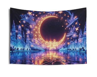 Tapiz de pared de luna celestial / Decoración futurista de cielo estrellado / Tapiz que brilla en la oscuridad / Tapiz de fantasía cósmica para dormitorio