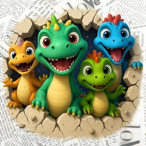 Lindo bebé dinosaurio PNG / Diseño de dinosaurio de dibujos animados para romper la pared / Sublimación de camisetas para niños / Clipart imprimible de T-Rex / Fondo transparente