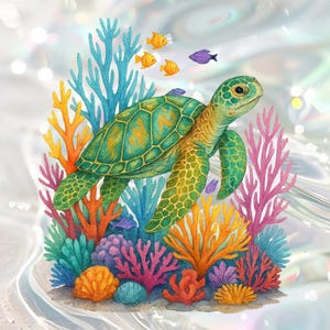Sea Turtle Clipart | Underwater Coral Reef Illustration | Cute Ocean Animal PNG | Watercolor Marine Life Art for Kids Scrapbooking & Crafts