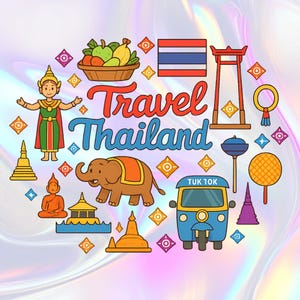 Thailand Travel Clipart – Cute Thai Culture & Landmark PNG – Tuk Tuk, Elephant, Temple, Food – Digital Download