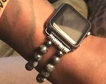 Men's Black Labradorite Matte Hematite Smartwatch Band fits Apple Watch, Gemstone Beaded Strap