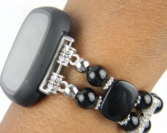 Black Obsidian Beaded Smartwatch Watch Band fits Fitbit Versa/Sense
