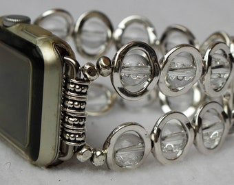Silver Ovals and Clear Beads Smartwatch Band fits Apple Watch