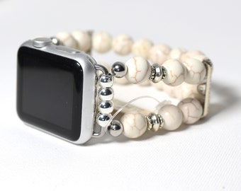 Apple Watch Band Howlite Gemstone Bead Watch Bracelet for Apple Watch, White and Brown Watch Band for Apple Watch