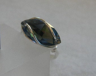 Wire Wrapped Denim Blue Crystal Navette Ring