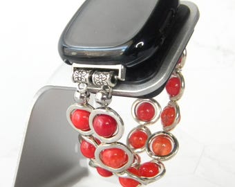 Silver Ovals & Red Beads Smart Watch Band for Fitbit Versa 3, 4