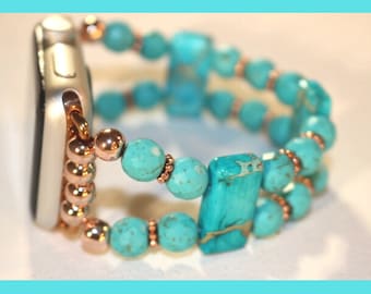 Correa para reloj inteligente de jaspe aguamarina y turquesa para Apple Watch, pulsera con cuentas de piedras preciosas.