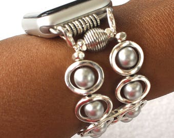 Silver Ovals and Silver Glass Beads Band for Apple Watch