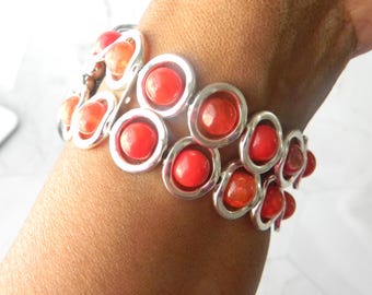 Silver Ovals and Fire Red Agate Beads Smartwatch Band fits Apple Watch