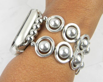 Silver Ovals and Silver Glass Beads Band for Apple Watch