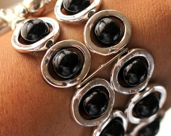 Silver Ovals and Black Onyx Beads Smartwatch  Band fits Apple Watch