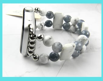 White and Gray Howlite Smartwatch Watch Band, Beaded fits Apple Watch Band