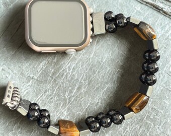 Correa para reloj inteligente de ojo de tigre, hematita y ónix compatible con Apple Watch.