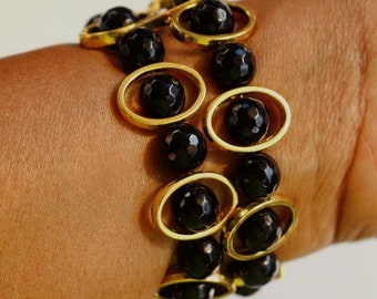 Black Obsidian Gold Ovals Smartwatch Watch Band fits Apple Watch Gemstone Bead fits Apple Watch Band Bracelet Obsidian Watch Band