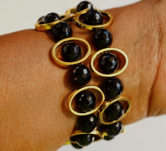 Black Obsidian Gold Ovals Smartwatch Watch Band fits Apple Watch Gemstone Bead fits Apple Watch Band Bracelet Obsidian Watch Band