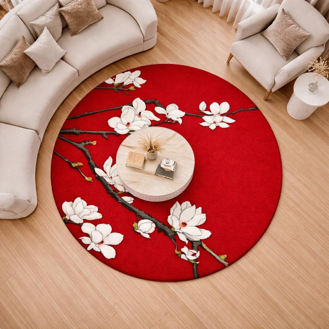 Red Round Floral Hand Tufted Wool Rug – Vintage Style Area Carpet - Etsy