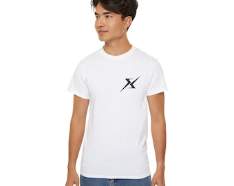 May include: White t-shirt with a small black graphic on the upper left chest. The graphic is a stylized letter "X" with a sharp, angular design. The shirt is a classic crew neck style.