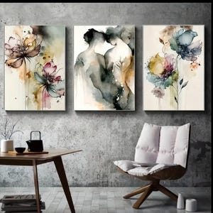 Watercolor Couple Wall Art Poster – Abstract Romantic Triptych – Living Room/Bedroom Decoration Poster – Modern Art – Eklips Studio