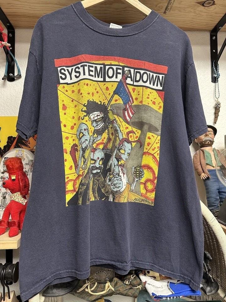 Vintage SOAD System of A Down America Flag Mens Black Tshirt Size