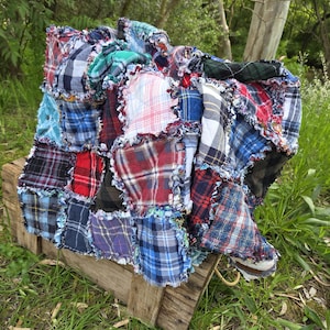 Upcycled flannel shirt blanket, Warm winter throw, Double-sided 122cm square with raggy edges