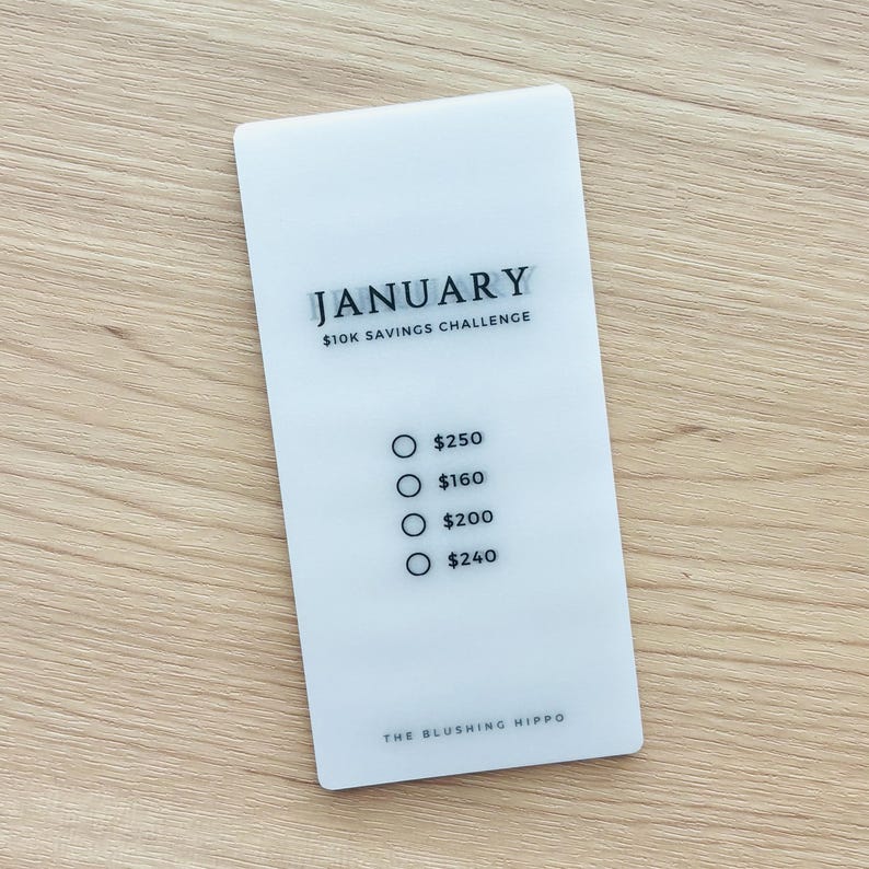 May include: White card with the text "JANUARY $10K SAVINGS CHALLENGE" and four options for savings amounts: $250, $160, $200, and $240. The text "THE BLUSHING HIPPO" is at the bottom of the card.