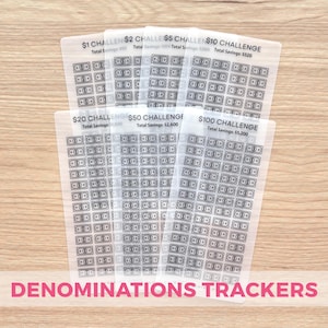 May include: A collection of clear plastic denomination trackers with dollar bill illustrations. The trackers are labeled with challenges ranging from $1 to $100, with total savings amounts. The text "DENOMINATIONS TRACKERS" is at the bottom.