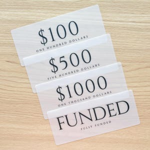 May include: Four transparent cards with black text. The cards show dollar amounts: $100, $500, $1000, and the last card says "FUNDED" with the text "FULLY FUNDED" below.