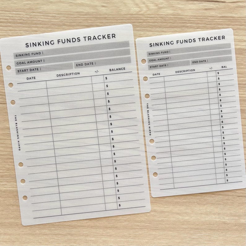 Op de afbeelding: Twee witte doorschijnende planner-inlays met de titel SINKING FUNDS TRACKER in zwarte tekst en rasterlijnen. Elk vel bevat velden voor het fonds, streefbedrag, startdatum, einddatum en een tabel met kolommen voor datum, omschrijving en saldo.