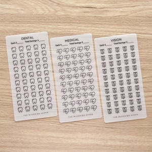 May include: Three rectangular sticker sheets with black line art illustrations. One sheet features teeth, another hearts, and the last, eye charts. Each sheet has the text "DENTAL", "MEDICAL", or "VISION" at the top, with the text "THE BLUSHING HIPPO" at the bottom.
