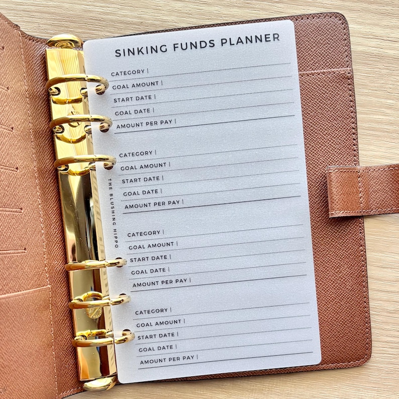 May include: A brown textured leather binder with a gold six-ring mechanism holding a white translucent insert titled Sinking Funds Planner. The insert features printed lines and labels for category, goal amount, start date, goal date, and amount per pay.