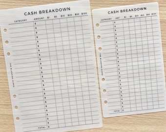 May include: Two translucent planner inserts labeled CASH BREAKDOWN with columns for category, amount, and currency denominations from $1 to $100. The sheets feature pre-punched holes along the left side and the text THE BLUSHING HIPPO printed vertically.