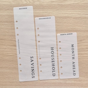 May include: Three translucent, frosted plastic planner dividers with six punched holes along the left side. Each divider features black printed text: SAVINGS, HOUSEHOLD, and MONTH AHEAD, along with the brand name The Blushing Hippo printed vertically.
