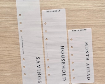 May include: Three translucent, frosted plastic planner dividers with six punched holes along the left side. Each divider features black printed text: SAVINGS, HOUSEHOLD, and MONTH AHEAD, along with the brand name The Blushing Hippo printed vertically.
