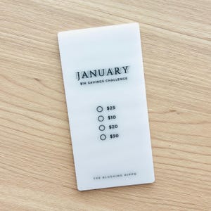 May include: White card with the text "JANUARY $1K SAVINGS CHALLENGE" and a list of options for a savings challenge: $25, $10, $20, $30. The bottom of the card reads "THE BLUSHING HIPPO".