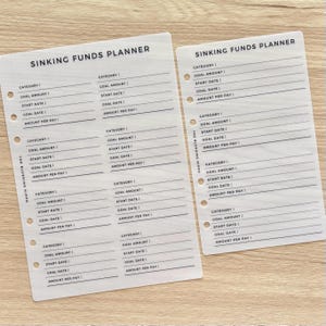 May include: Two white paper sheets titled Sinking Funds Planner with black text and lines. Each sheet features multiple sections for category, goal amount, start date, goal date, and amount per pay. The left sheet has two columns, while the right sheet has one column and the text The Blushing Hippo.