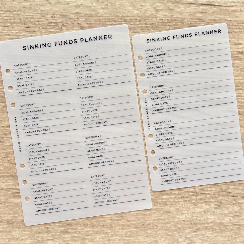 May include: Two white paper sheets titled Sinking Funds Planner with black text and lines. Each sheet features multiple sections for category, goal amount, start date, goal date, and amount per pay. The left sheet has two columns, while the right sheet has one column and the text The Blushing Hippo.