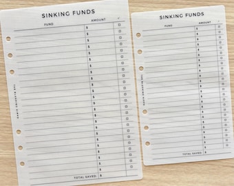 May include: Two white paper planner inserts for tracking sinking funds, featuring black printed text and lines. Each sheet includes columns for fund names, dollar amounts, and checkboxes, with the text THE BLUSHING HIPPO printed vertically.