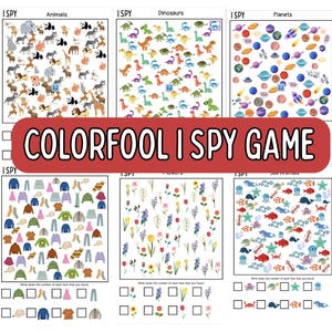 Peut inclure: Une feuille d'activité "Colorfool I Spy Game" colorée avec six puzzles thématiques. Les thèmes incluent les animaux, les dinosaures, les planètes, les vêtements, les fleurs et les animaux marins. Chaque puzzle a une liste de contrôle.