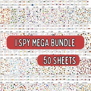Könnte beinhalten: Ein Set von 50 I Spy-Aktivitätsblättern. Jedes Blatt zeigt farbenfrohe Illustrationen und eine Checkliste, damit Kinder bestimmte Objekte finden können. Das Bundle trägt die Aufschrift "I Spy Mega Bundle".