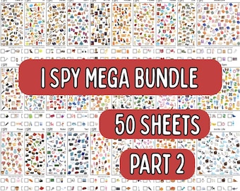 May include: A collection of 50 I Spy game sheets, part 2, featuring various themed pages. The sheets are filled with colorful illustrations of objects, with check boxes for players to mark. The title "I Spy Mega Bundle" is displayed in a red banner.