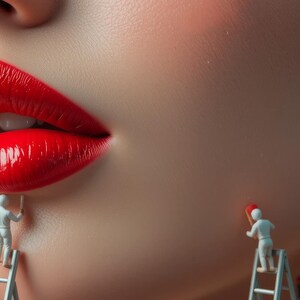Glossy Lips Art Print – Red Lipstick Poster with Mini Painters | Modern Beauty Wall Art for Makeup Lovers
